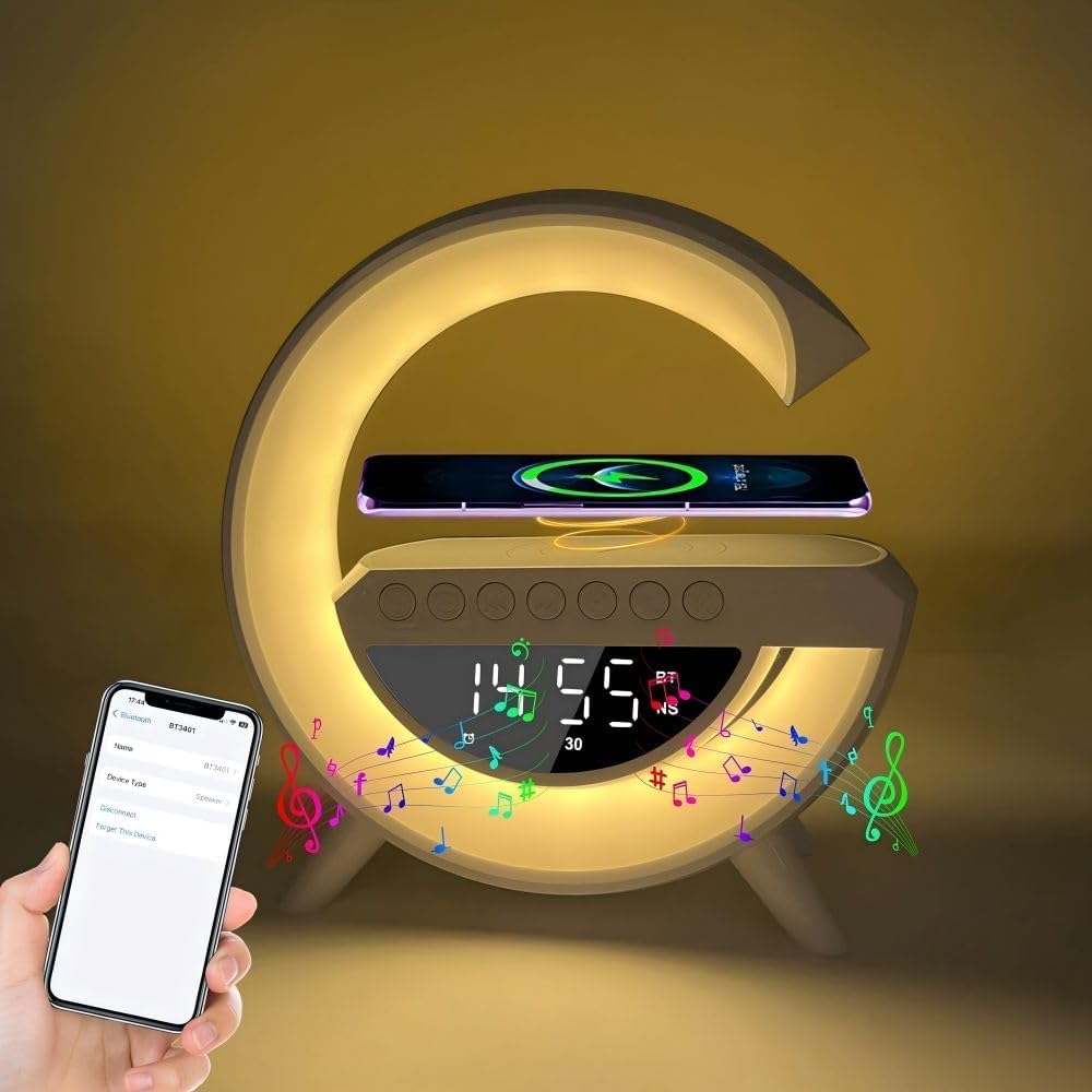 4-in-1 Smart Desk Lamp – Bluetooth Speaker, Wireless Charger, Alarm Clock & RGB Light
