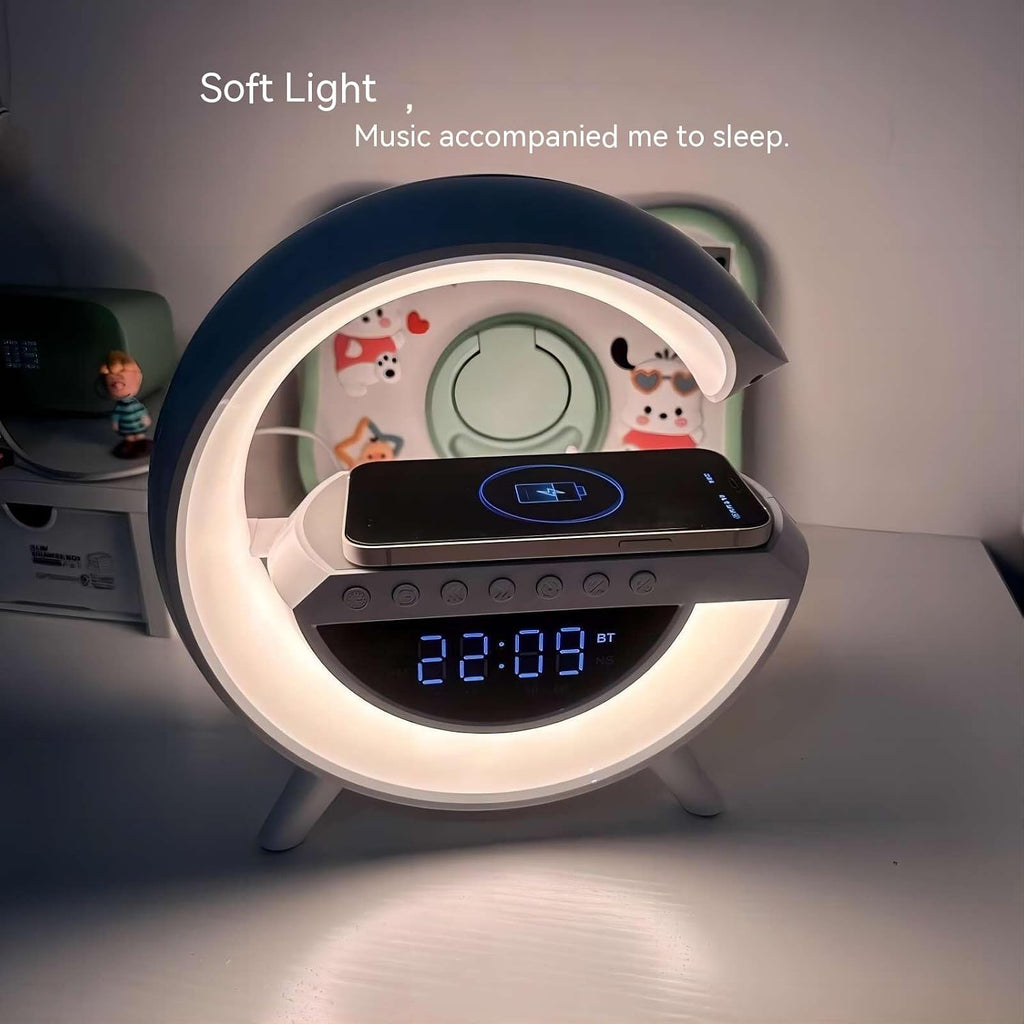4-in-1 Smart Desk Lamp – Bluetooth Speaker, Wireless Charger, Alarm Clock & RGB Light