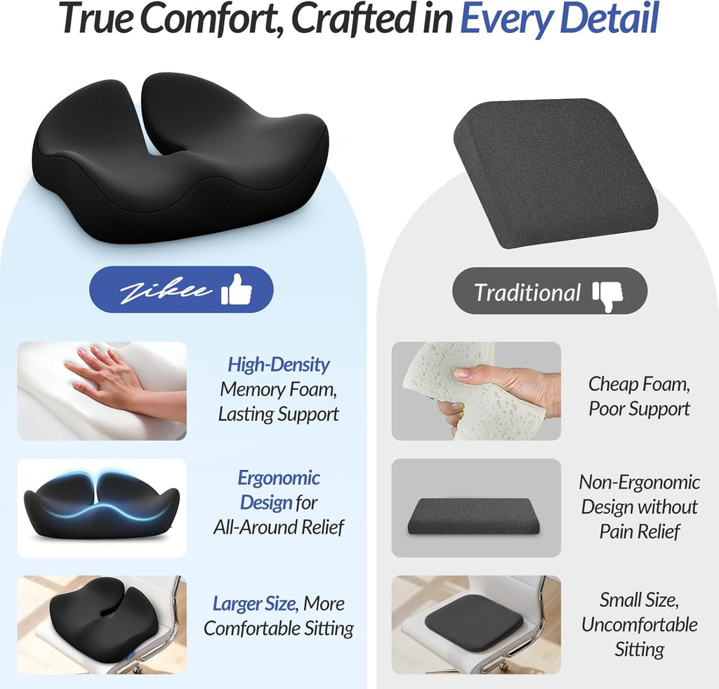 🪑 Ergonomic Memory Foam Seat Cushion – U-Shaped Tailbone & Back Support