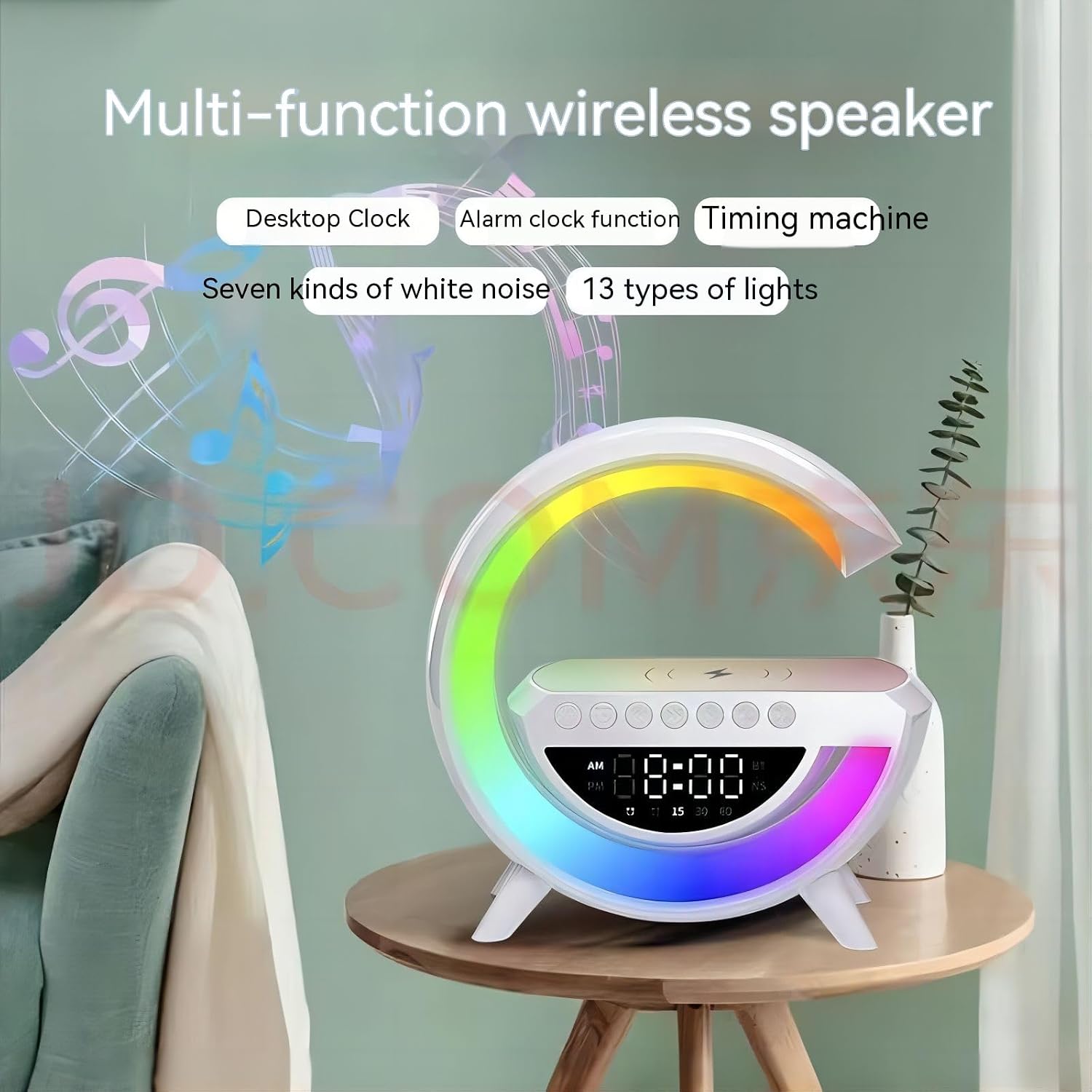 4-in-1 Smart Desk Lamp – Bluetooth Speaker, Wireless Charger, Alarm Clock & RGB Light