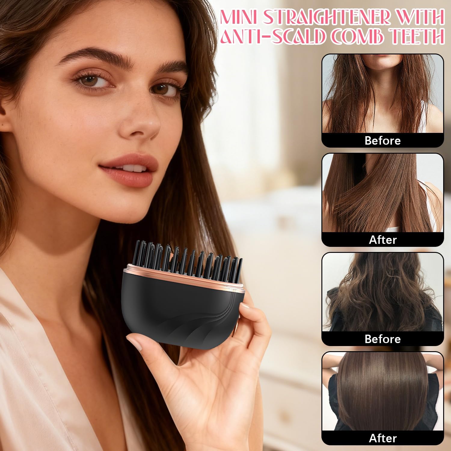 25W Cordless Heated Hair Straightening Comb – 3-Speed Tourmaline Ceramic Frizz Control Brush