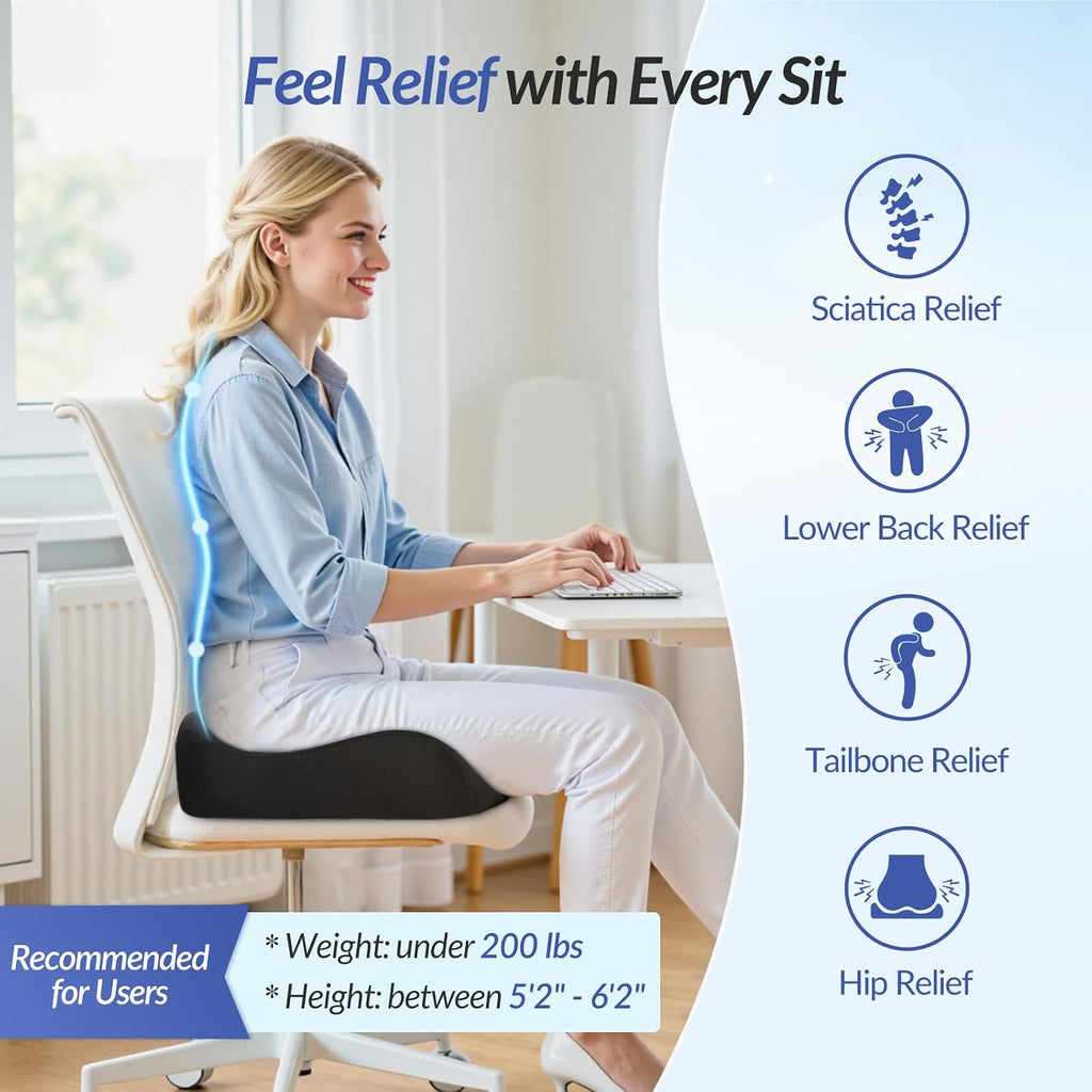 🪑 Ergonomic Memory Foam Seat Cushion – U-Shaped Tailbone & Back Support