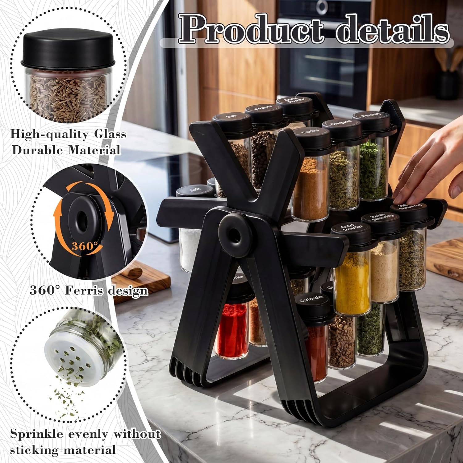 🧂 18-Jar Rotating Spice Rack – 360° Kitchen Organizer & Space-Saving Seasoning Set