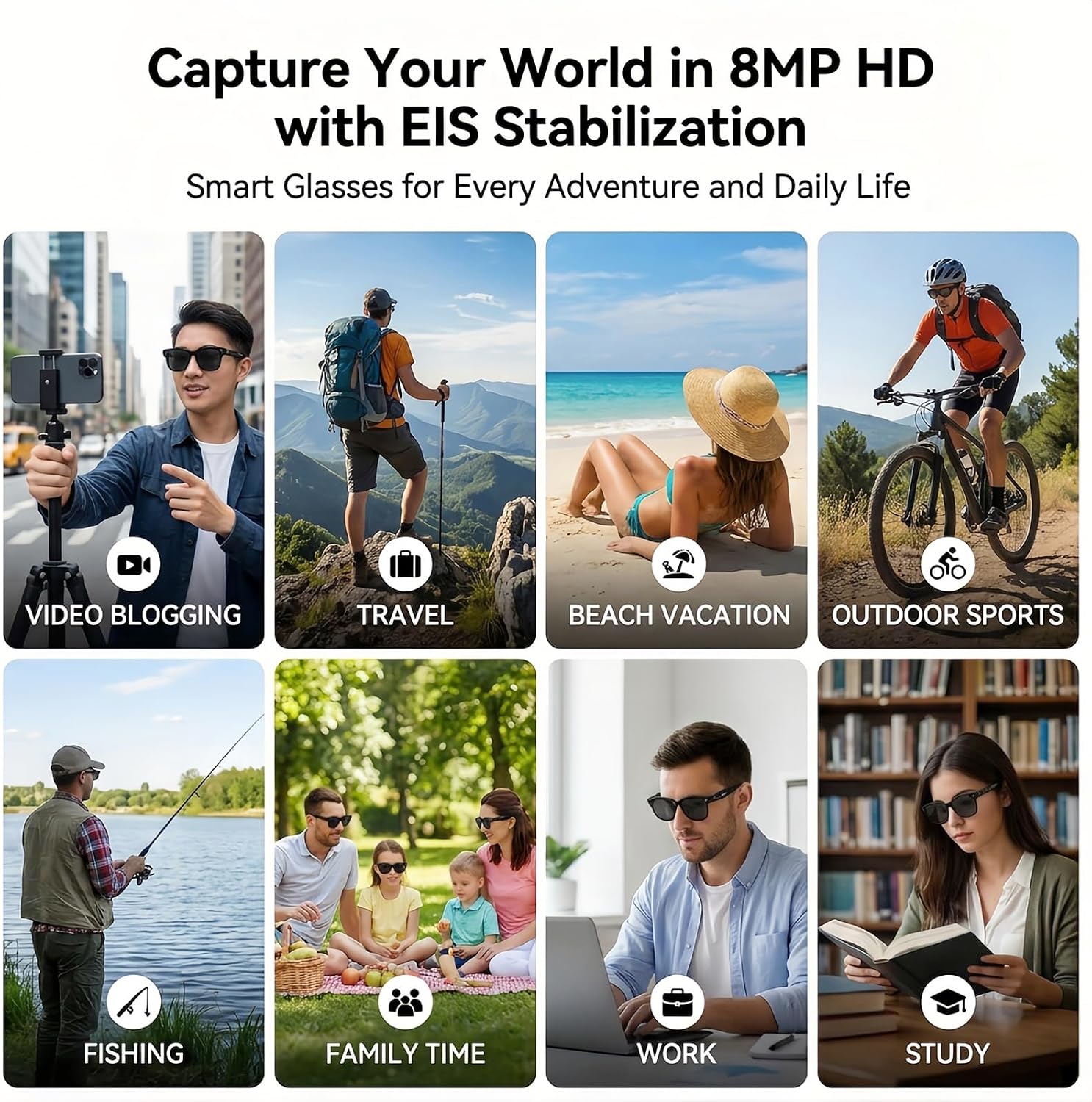 AI Smart Glasses with Camera, 8MP HD Bluetooth Camera Glasses
